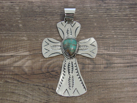 Large Native American Nickel Silver & Turquoise Cross Pendant - Cleveland