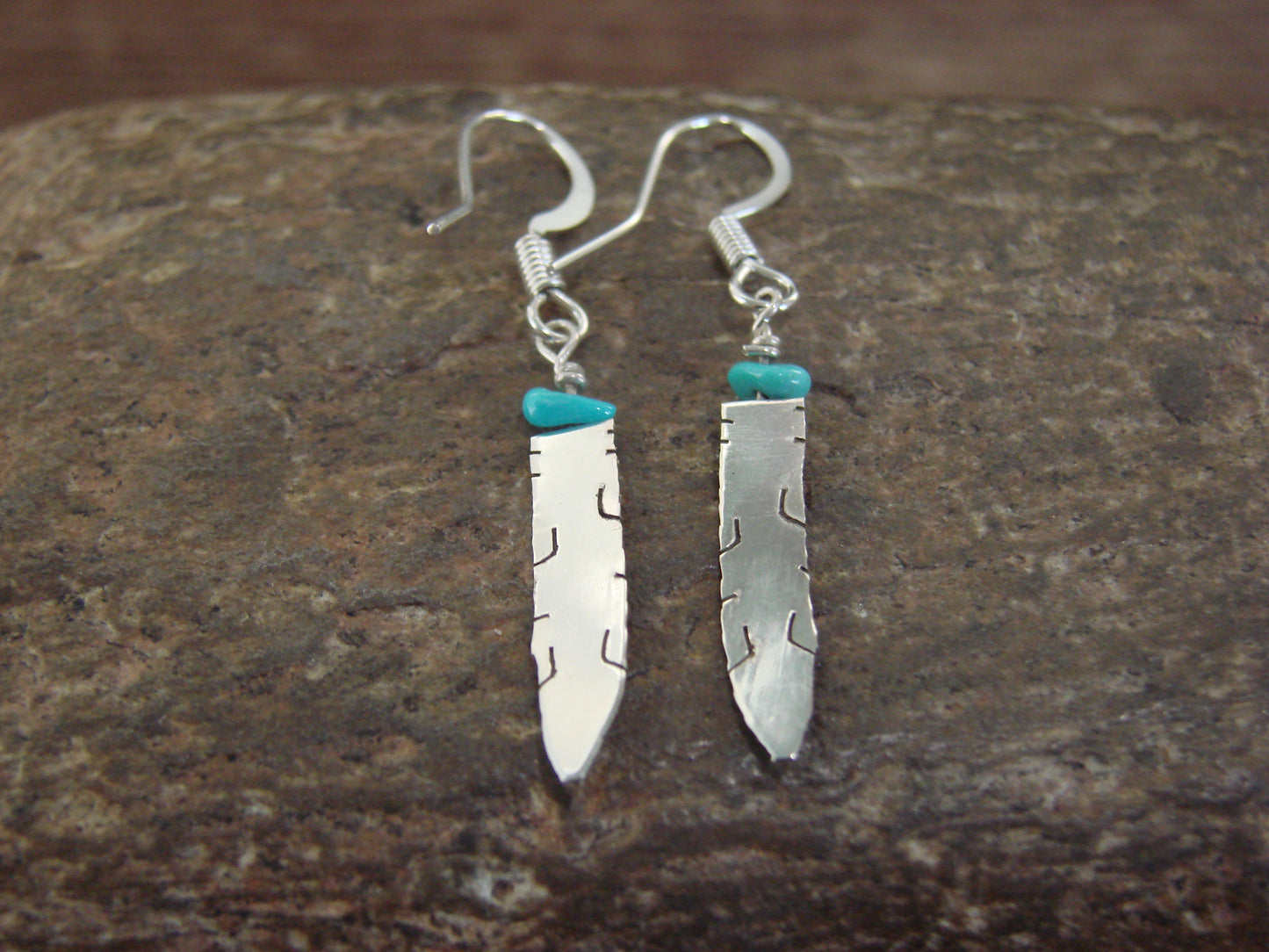 Native American Sterling Silver & Turquoise Feather Dangle Earrings - Arviso