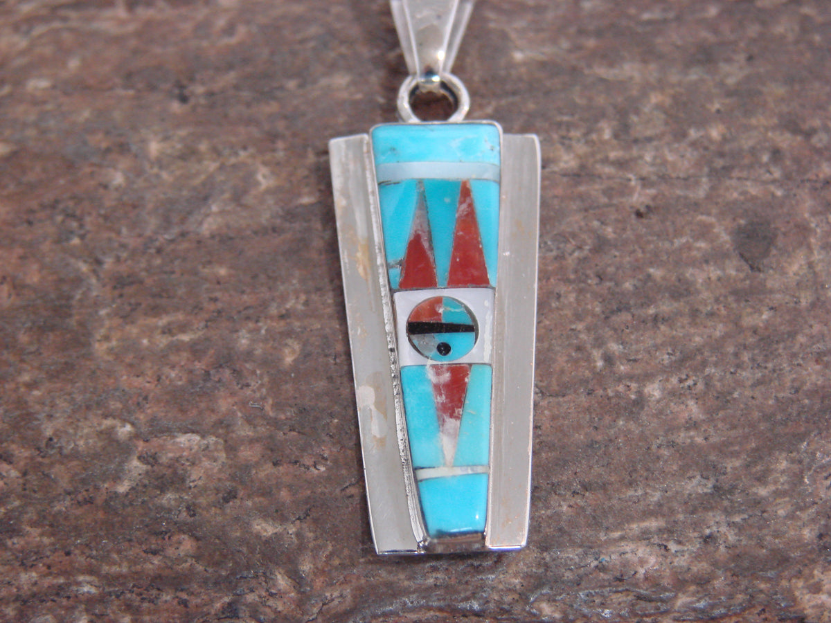 Native American Sterling Silver & Turquoise Inlay Sunface Pendant - Edaakie