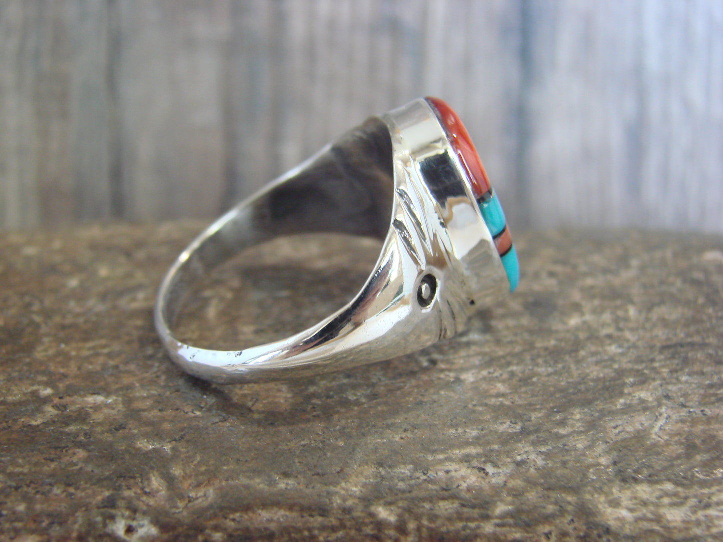 Native American Sterling Silver Turquoise Inlay Ring - Size 12.5 - Lincoln