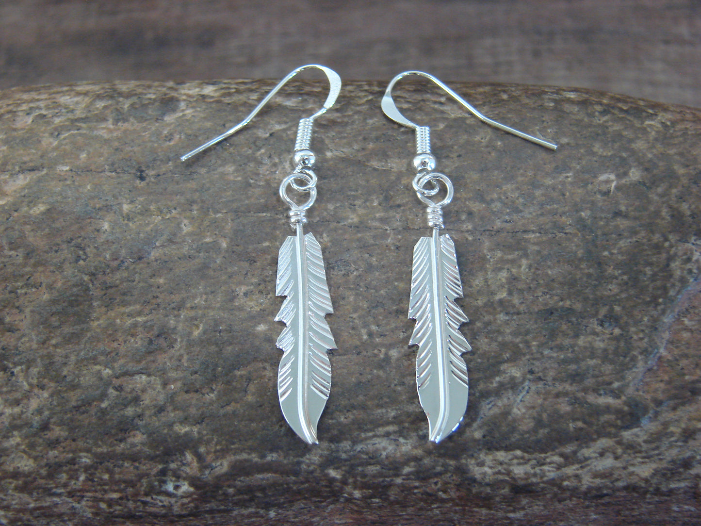 Native American Sterling Silver Feather Dangle Earrings Signed Barney