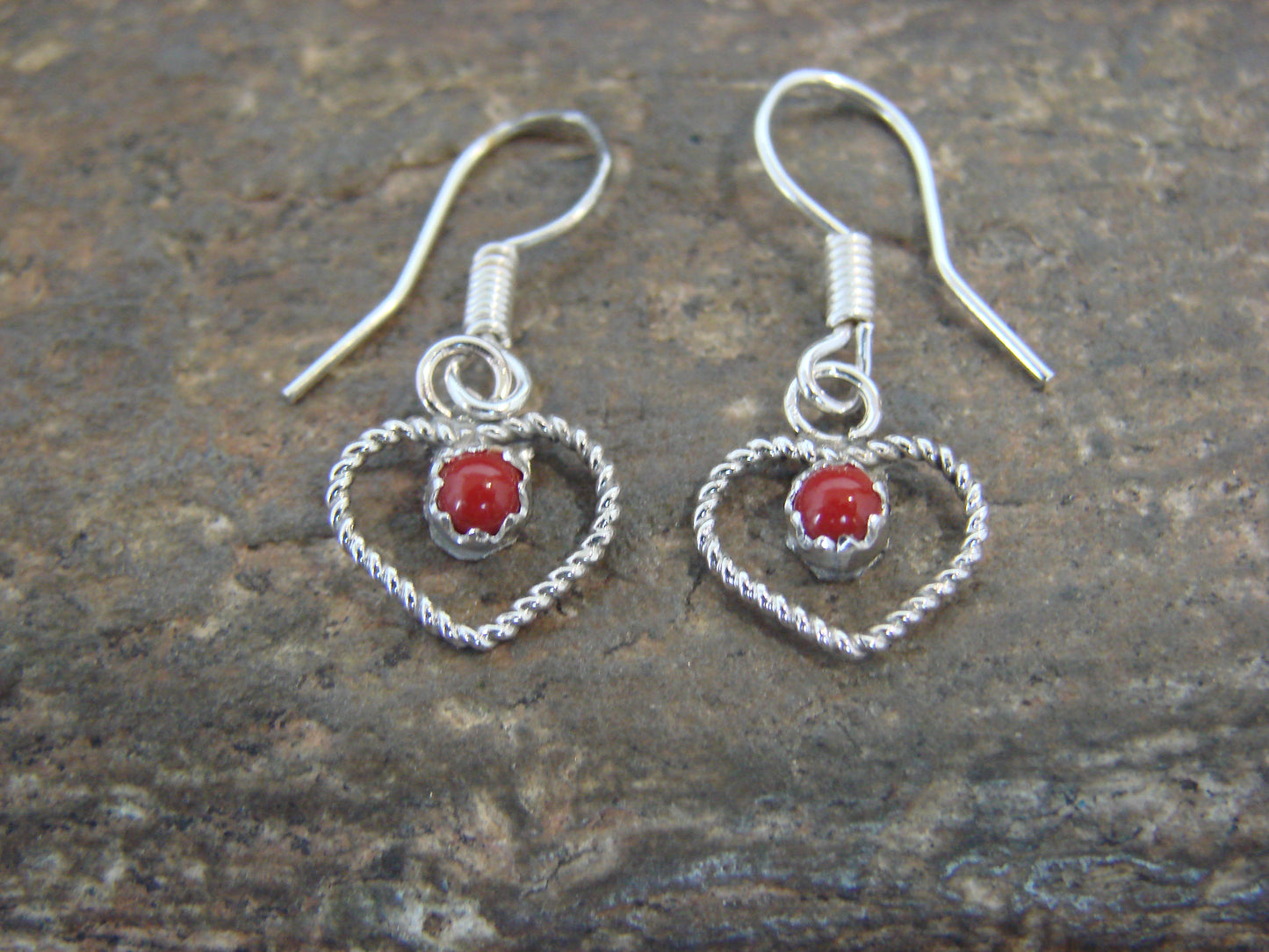 Native American Sterling Silver & Coral Heart Dangle Earrings - Pablito