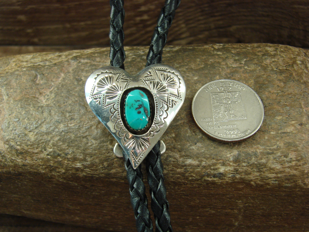 Native American Sterling Silver & Turquoise Heart Bolo Tie by Skeets