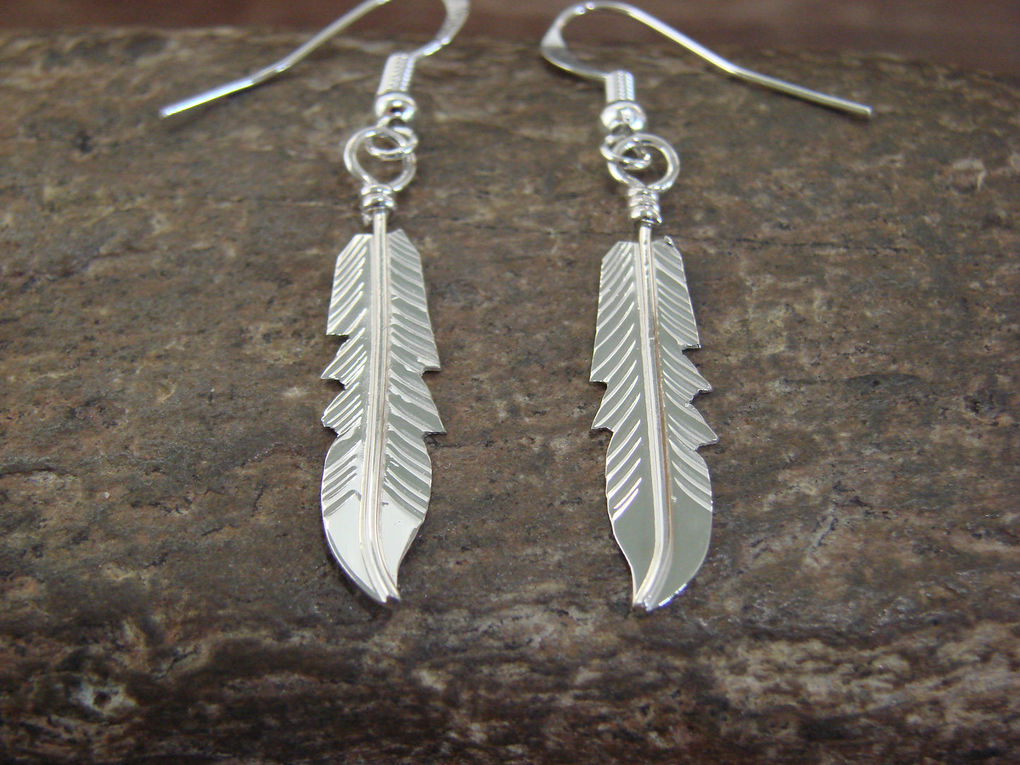 Native American Sterling Silver Feather Dangle Earrings Signed Barney