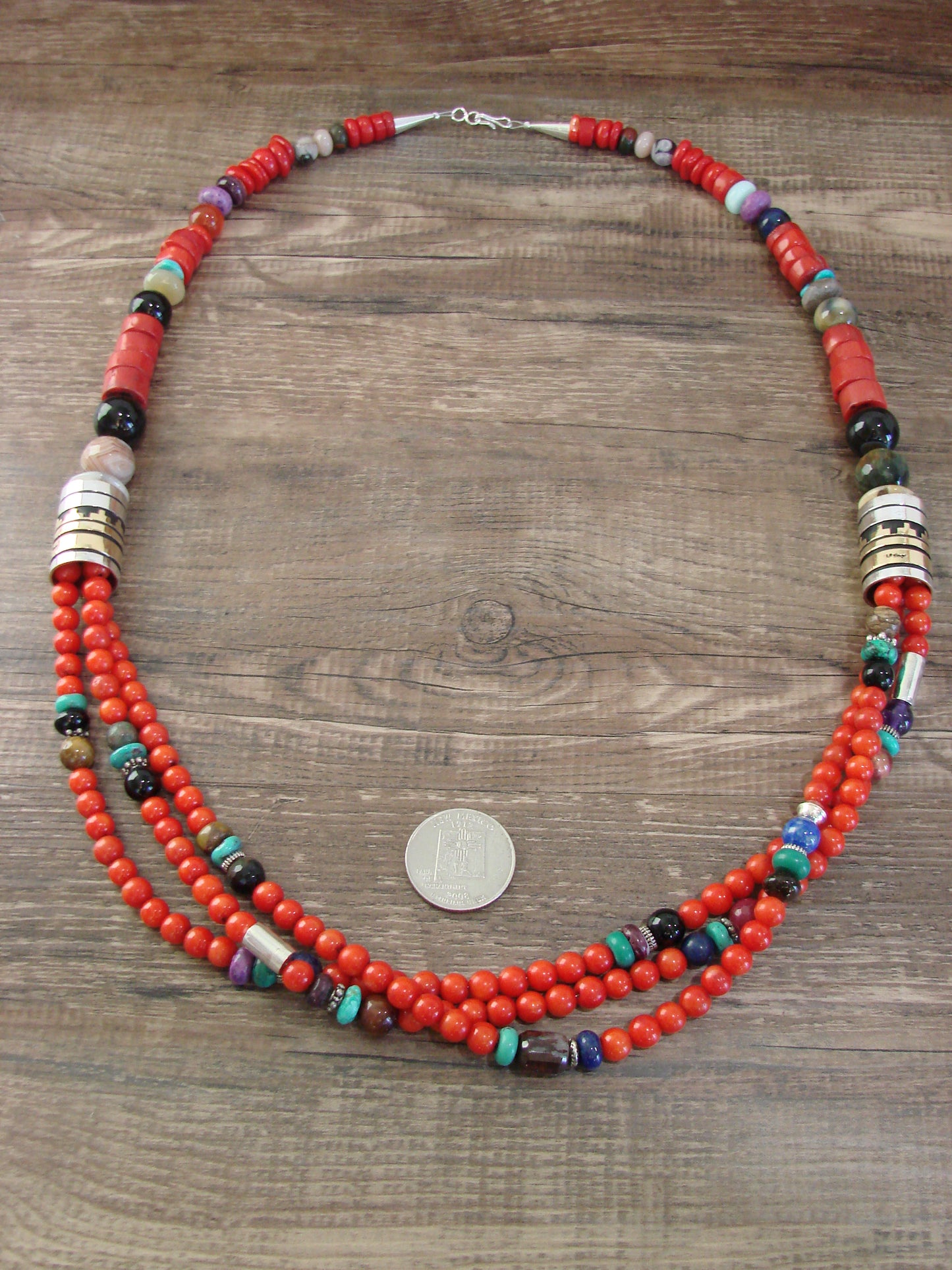 Native American Sterling Silver & Coral 30" Gemstone Necklace by Singer