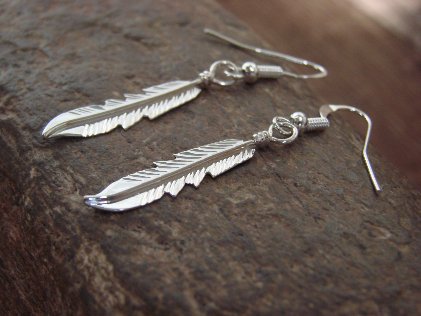 Native American Sterling Silver Feather Dangle Earrings Signed Barney