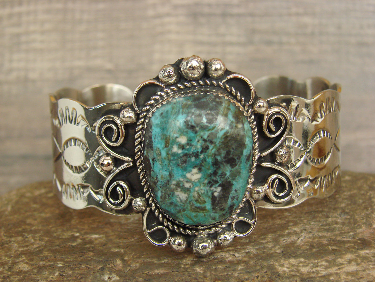 Native American Nickel Silver & Turquoise Bracelet by Cleveland