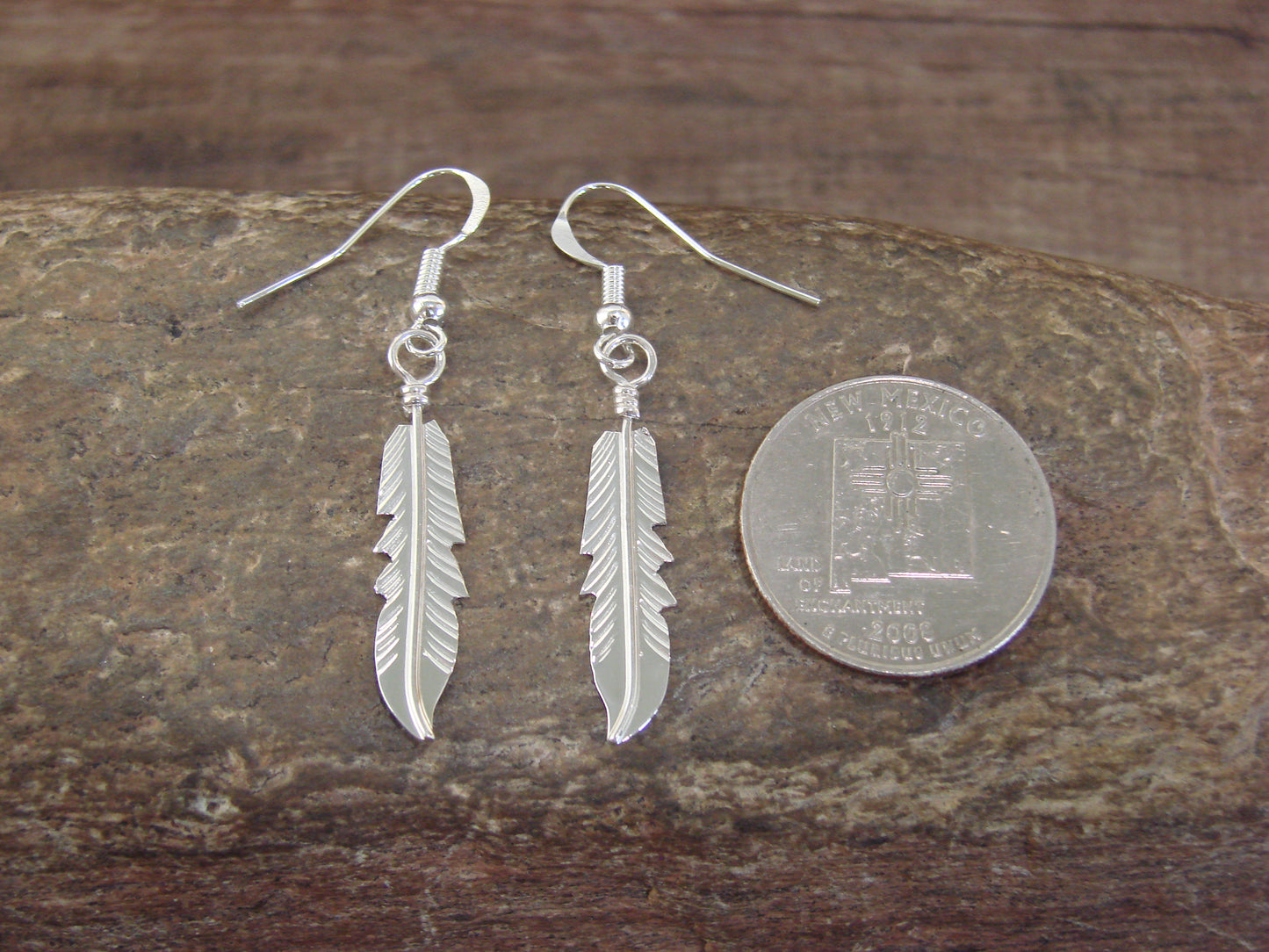 Native American Sterling Silver Feather Dangle Earrings Signed Barney