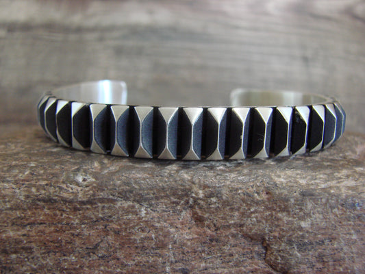 Native American Sterling Silver Ribbed Bracelet by Leander Tahe