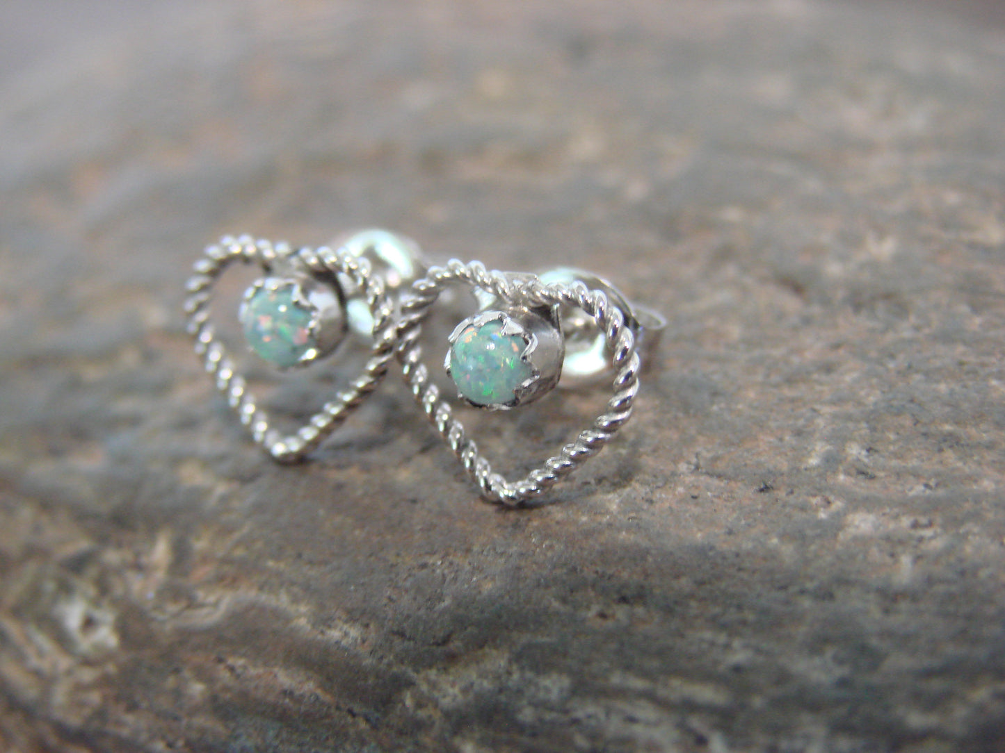 Native American Sterling Silver White Opal Heart Post Earrings - Pablito