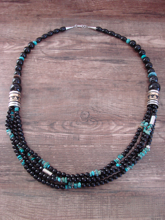Native American Sterling Silver & Onyx 30" Gemstone Necklace by Singer