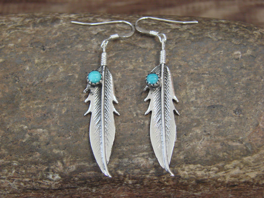 Native American Sterling Silver Turquoise Feather Dangle Earrings by Joe