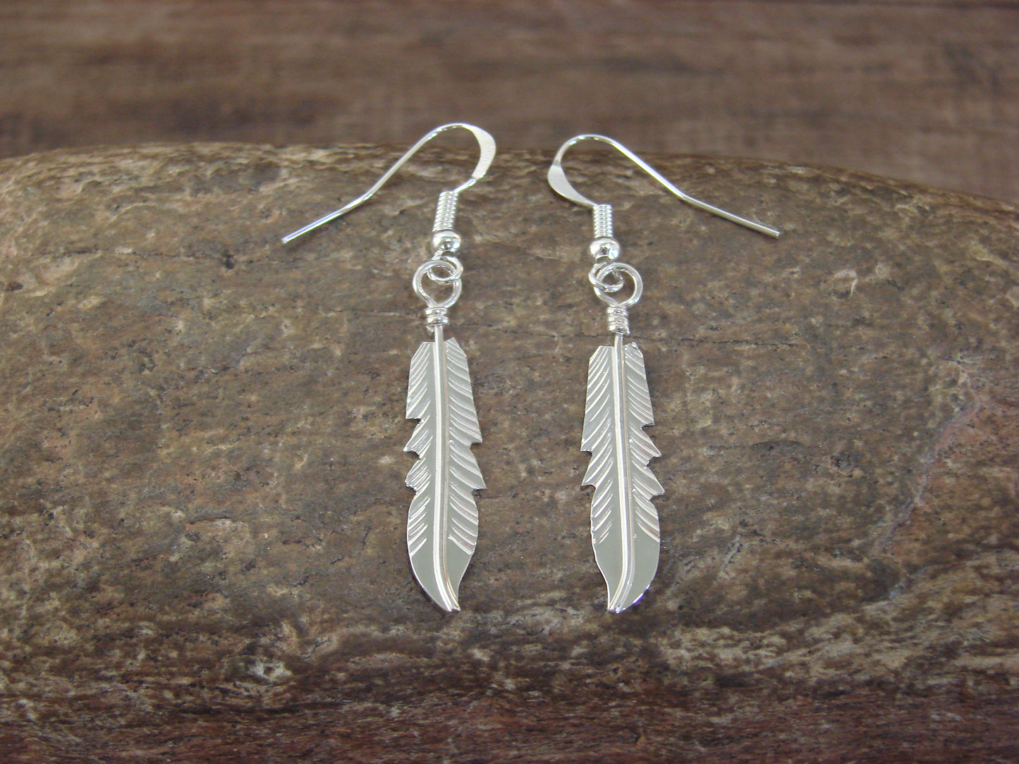 Native American Sterling Silver Feather Dangle Earrings Signed Barney