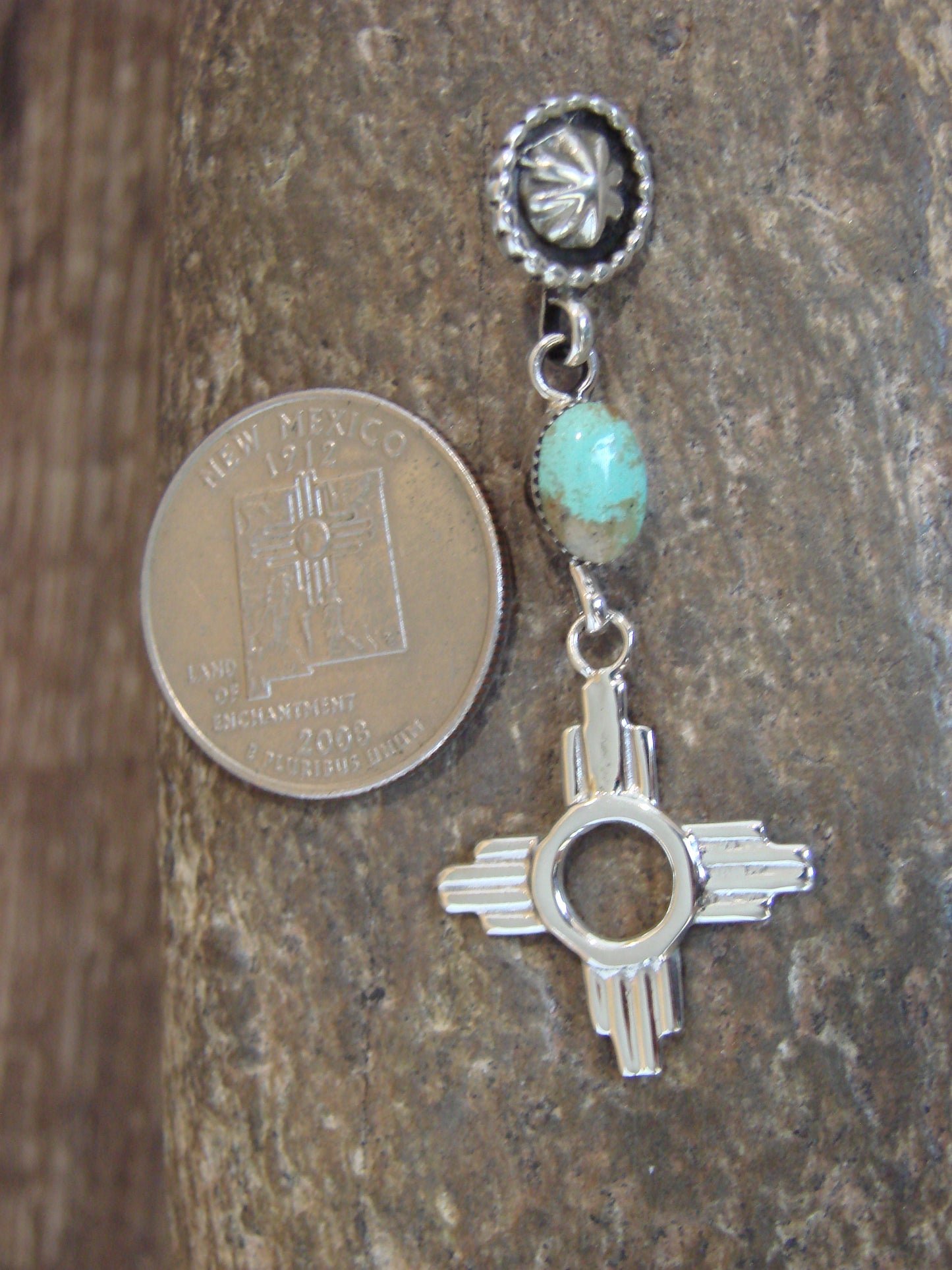 Native American Sterling Silver & Turquoise Zia Pendant by Lee