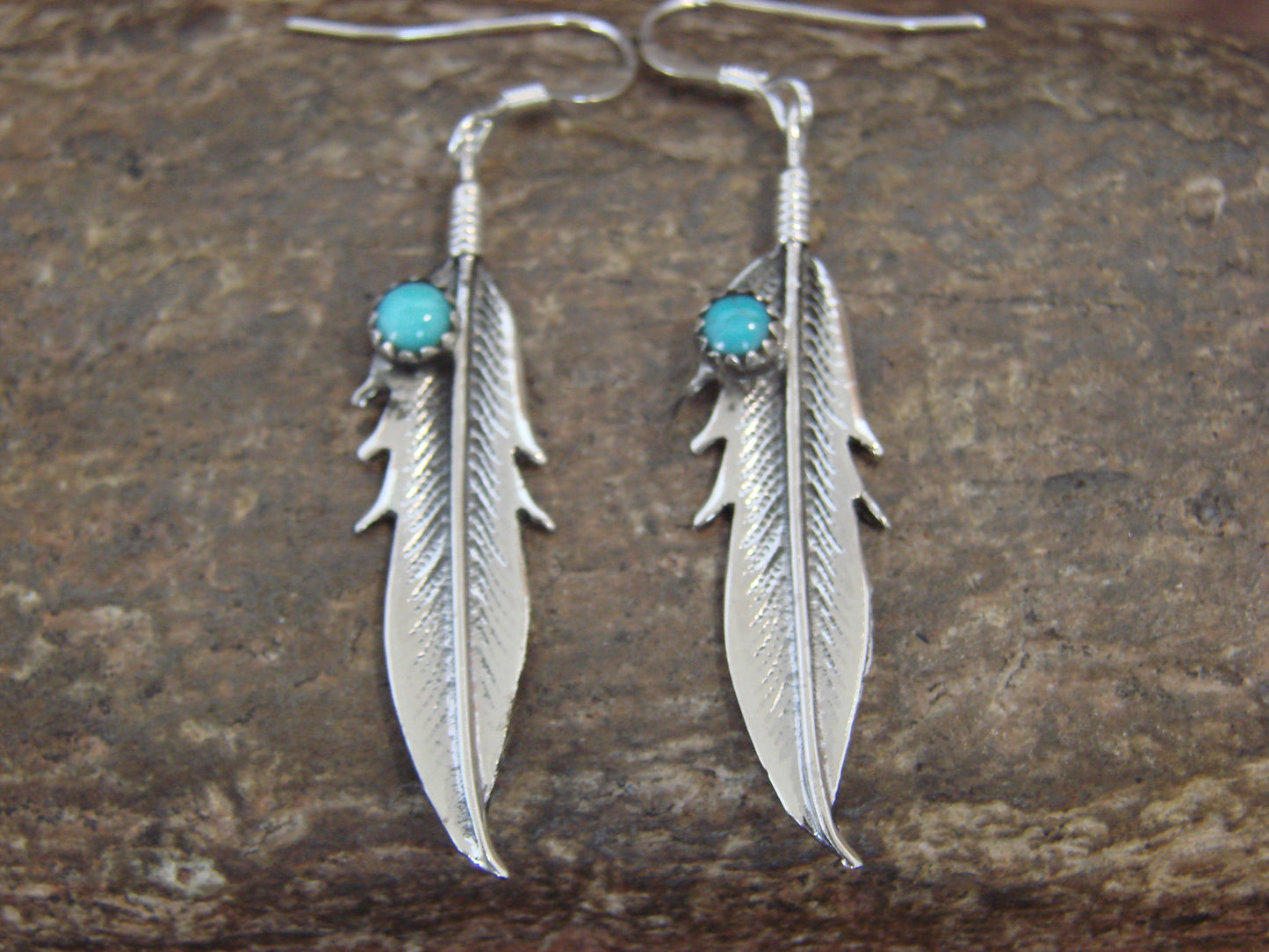 Native American Sterling Silver Turquoise Feather Dangle Earrings by Joe