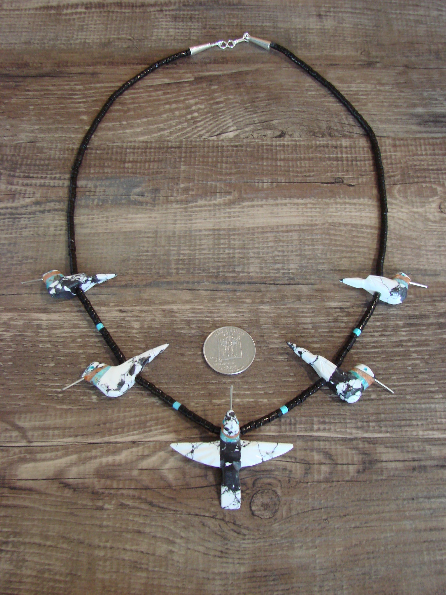 Hand Carved White Marble Turquoise Hummingbird Fetish Necklace Matt Mitchell