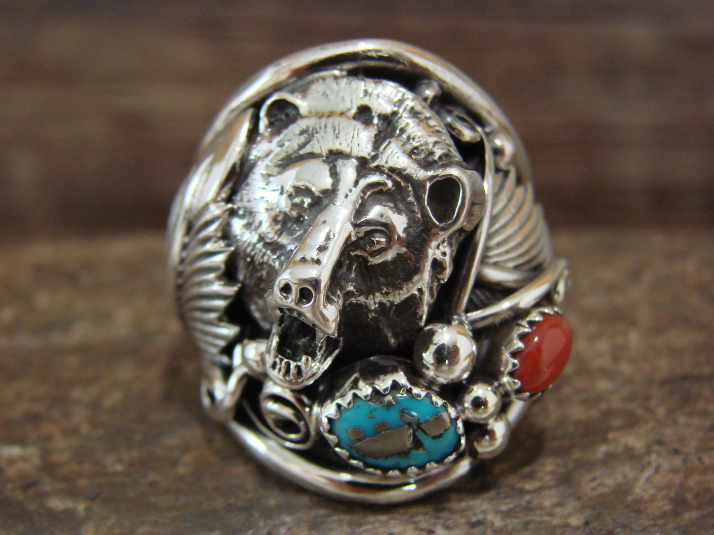 Navajo Sterling Silver Turquoise & Coral Growling Bear Ring - Saunders - Size 11.5