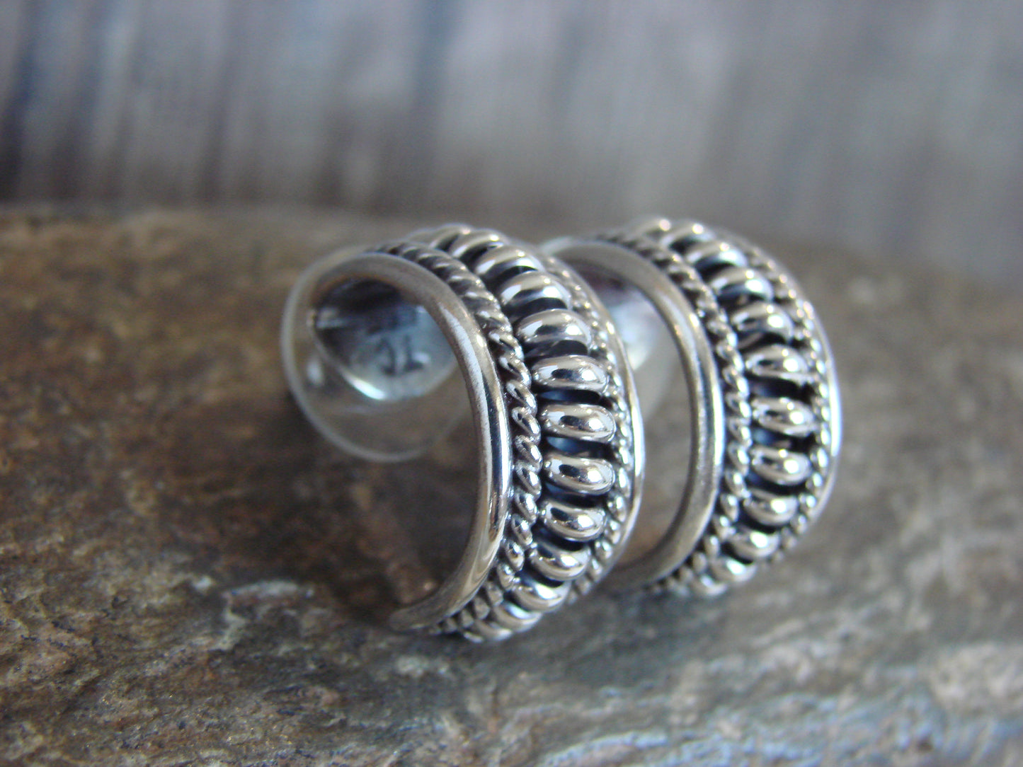 Native American Sterling Silver Ribbed Melon Hoop by Thomas Charley
