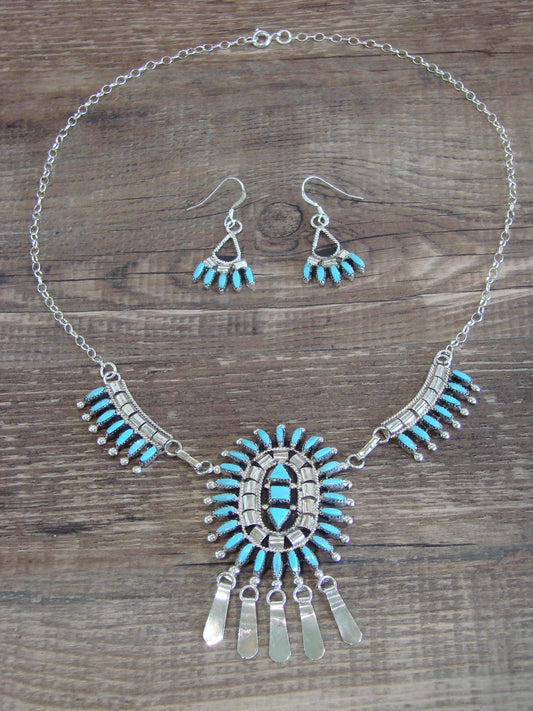 Native American 18" Sterling Silver & Turquoise Cluster Necklace Set by Hustito
