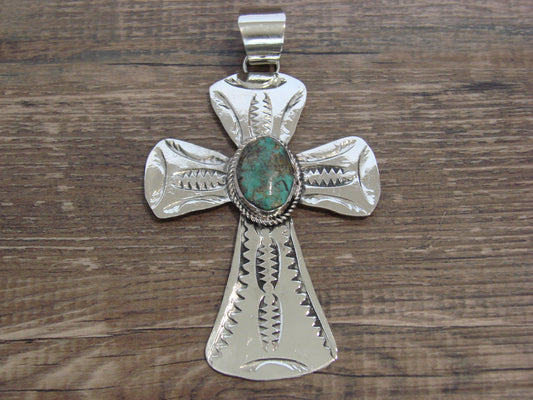 Large Native American Nickel Silver & Turquoise Cross Pendant - Cleveland