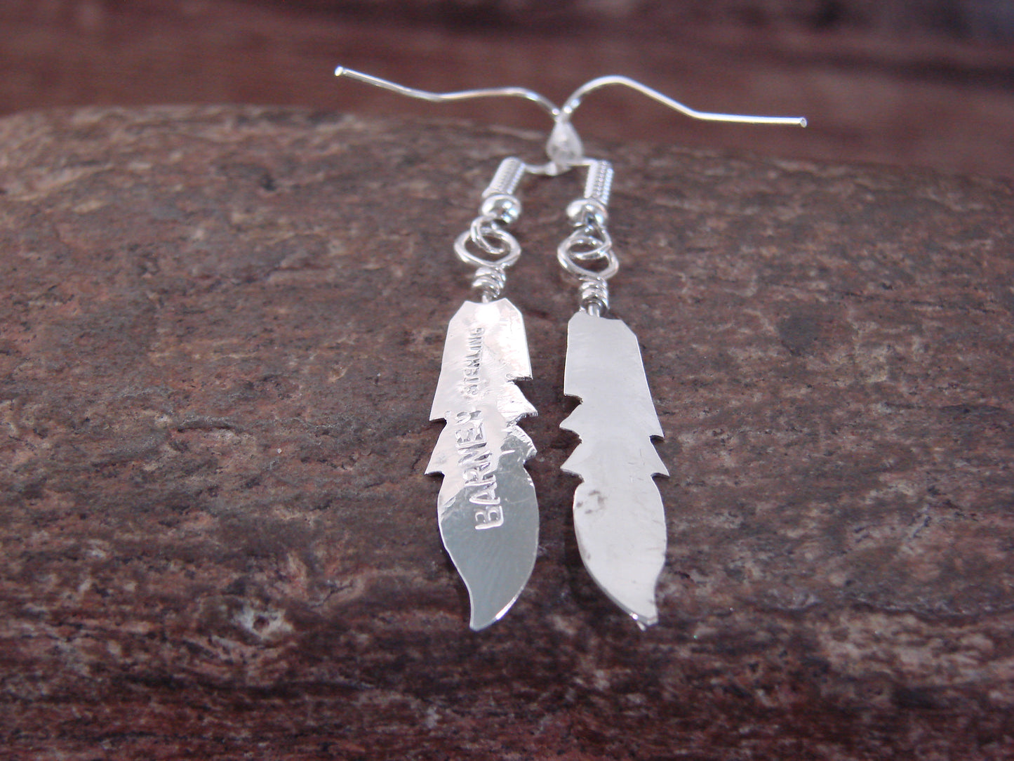 Native American Sterling Silver Feather Dangle Earrings Signed Barney