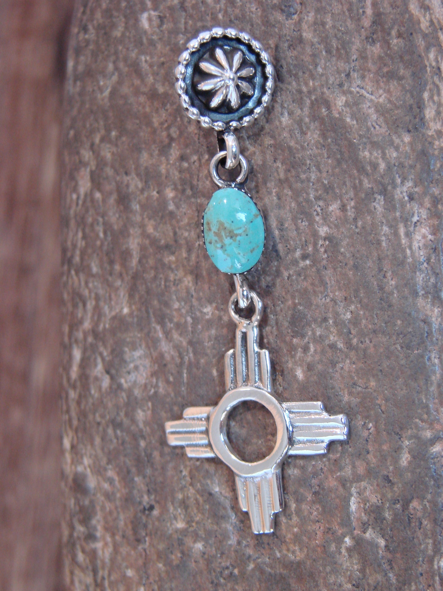 Native American Sterling Silver & Turquoise Zia Pendant by Lee