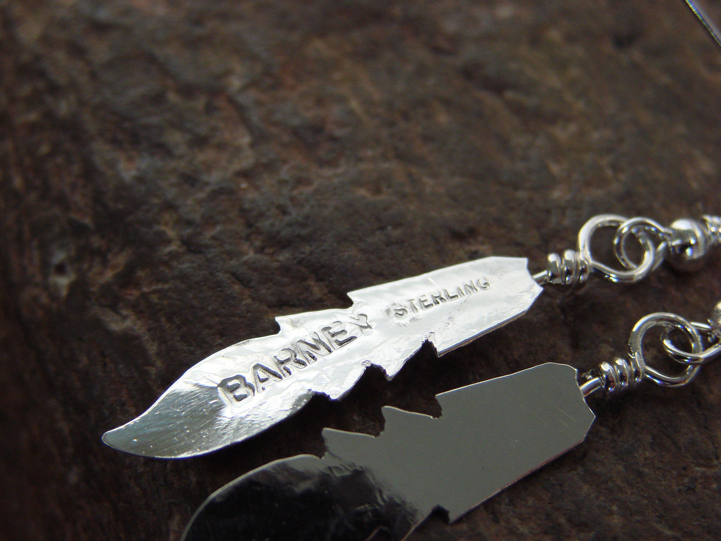 Native American Sterling Silver Feather Dangle Earrings Signed Barney