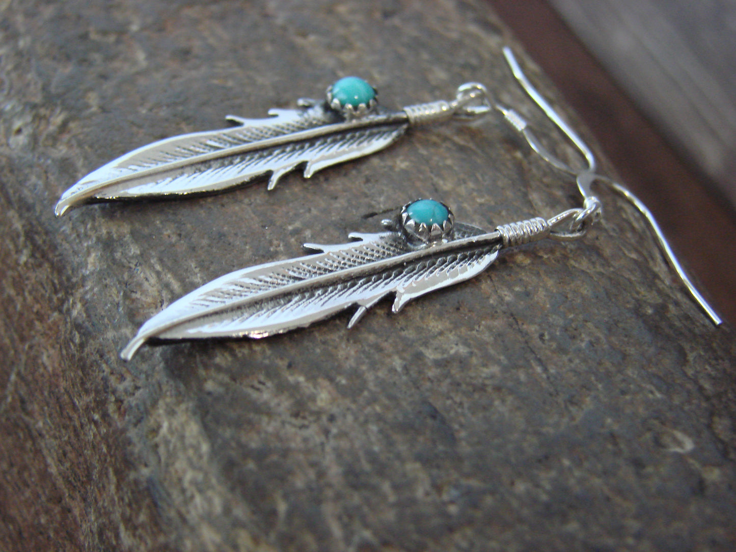 Native American Sterling Silver Turquoise Feather Dangle Earrings by Joe