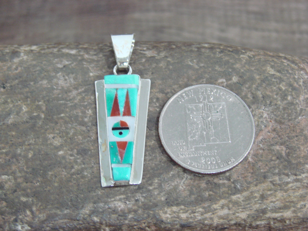 Native American Sterling Silver & Turquoise Inlay Sunface Pendant - Edaakie