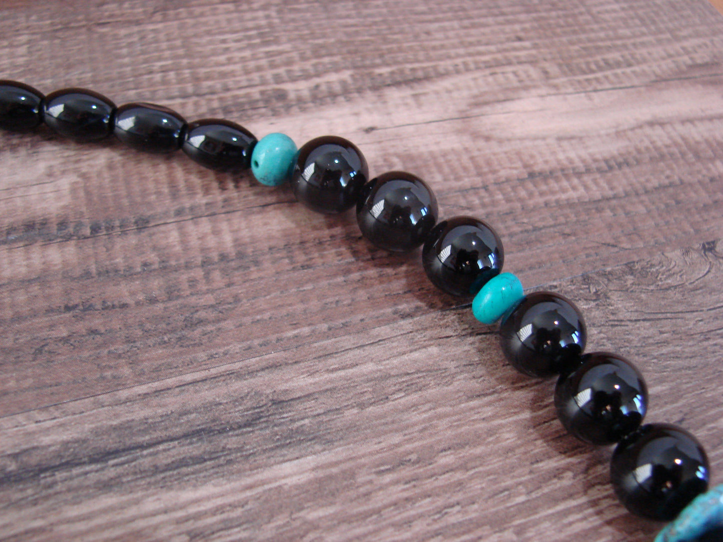 Native American Sterling Silver & Onyx 30" Gemstone Necklace by Singer