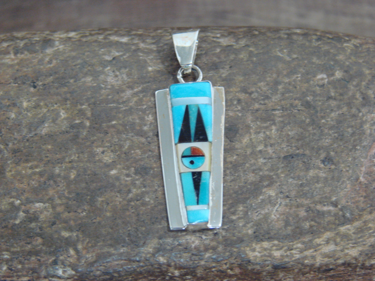 Native American Sterling Silver & Turquoise Inlay Sunface Pendant - Edaakie