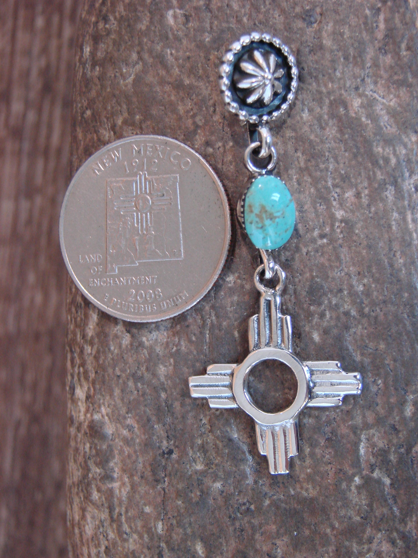 Native American Sterling Silver & Turquoise Zia Pendant by Lee