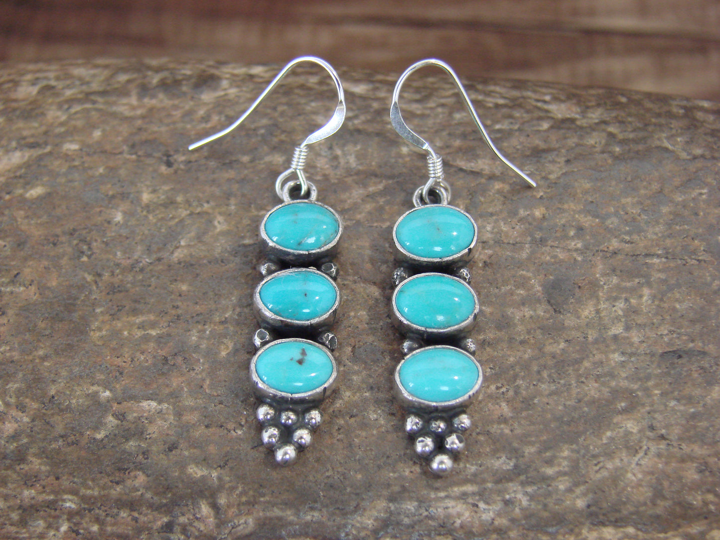 Native American Sterling Silver & Turquoise Row Dangle Earrings by Shorty