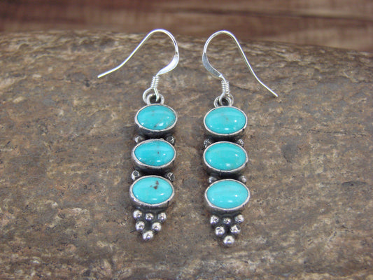Native American Sterling Silver & Turquoise Row Dangle Earrings by Shorty