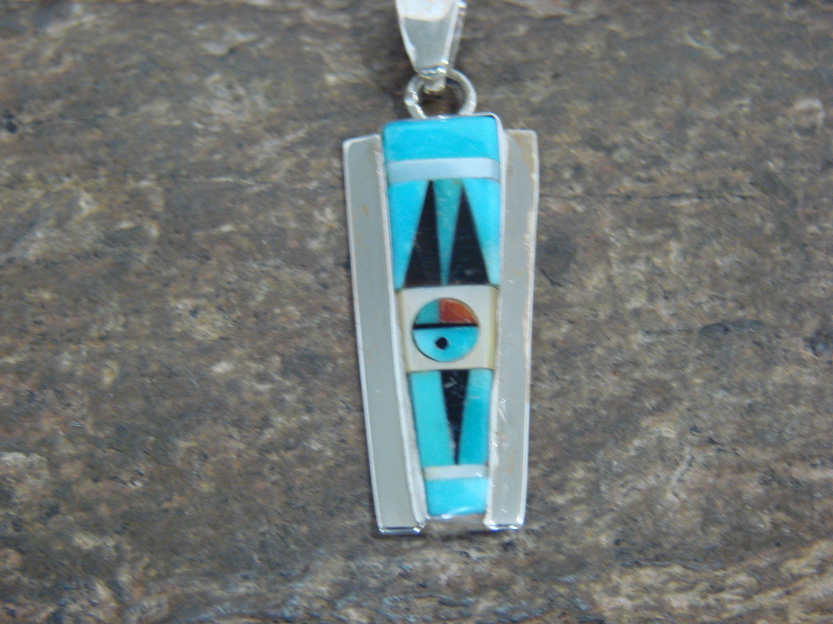 Native American Sterling Silver & Turquoise Inlay Sunface Pendant - Edaakie