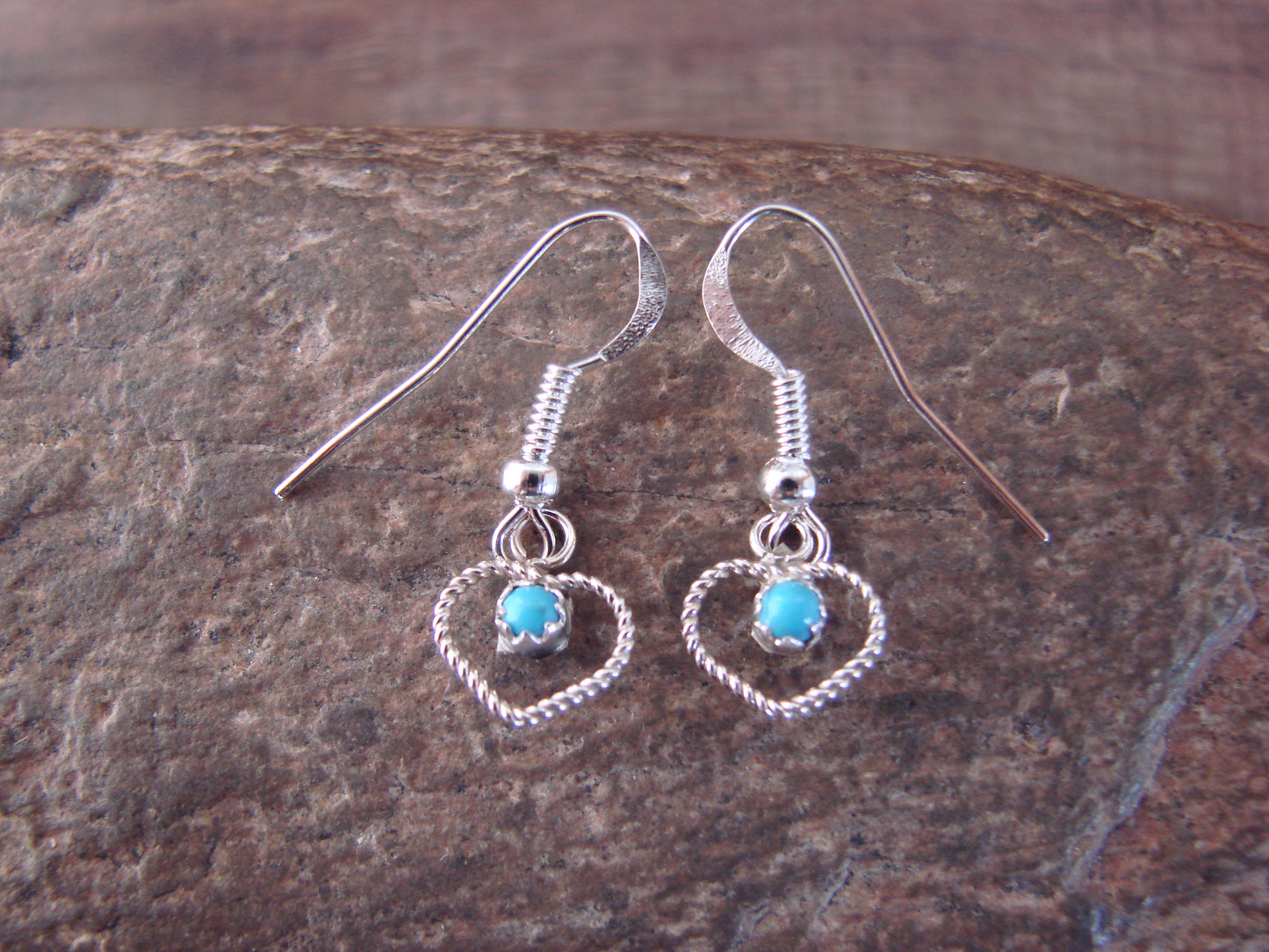 Native American Sterling Silver & Turquoise Heart Dangle Earrings - Pablito