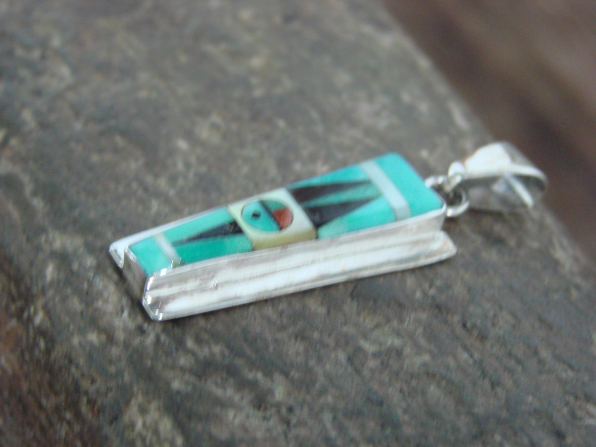 Native American Sterling Silver & Turquoise Inlay Sunface Pendant - Edaakie