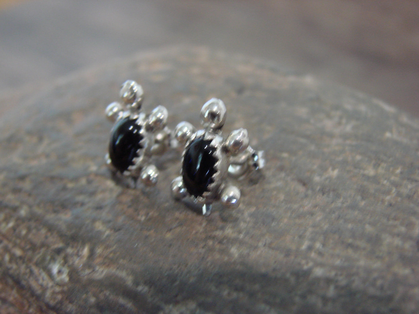 Native American Sterling Silver Onyx Turtle Post Earrings by Kinsel