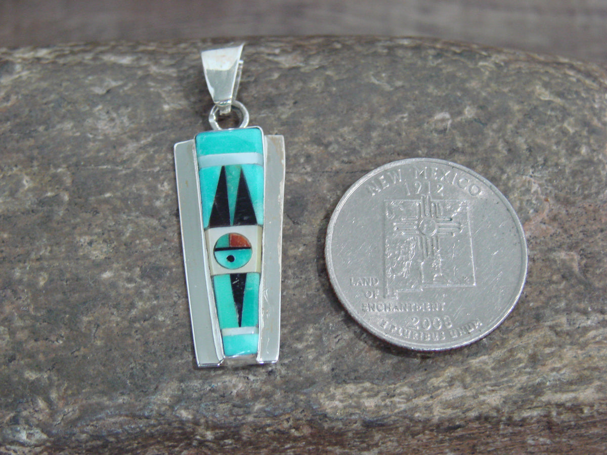 Native American Sterling Silver & Turquoise Inlay Sunface Pendant - Edaakie