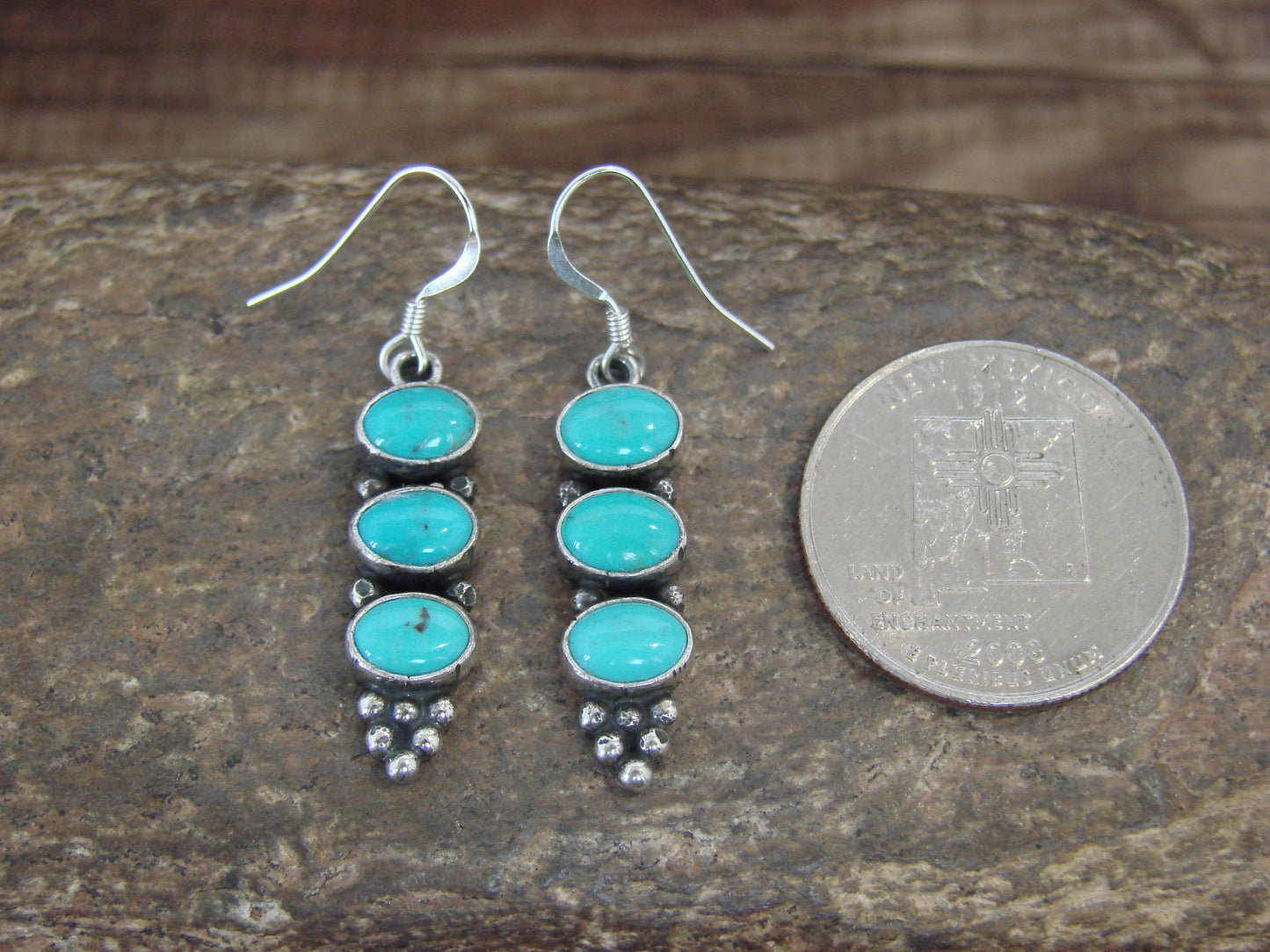 Native American Sterling Silver & Turquoise Row Dangle Earrings by Shorty