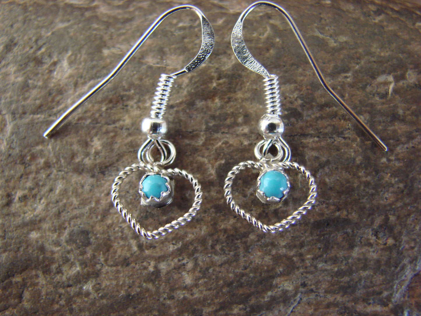 Native American Sterling Silver & Turquoise Heart Dangle Earrings - Pablito