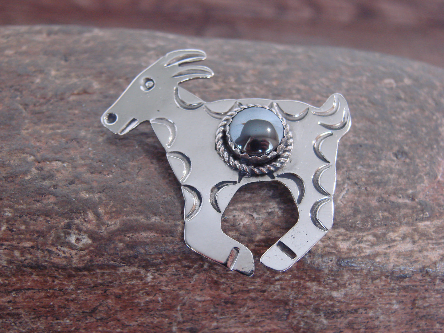 Native American Nickel Silver & Hematite Goat Pin - Cleveland