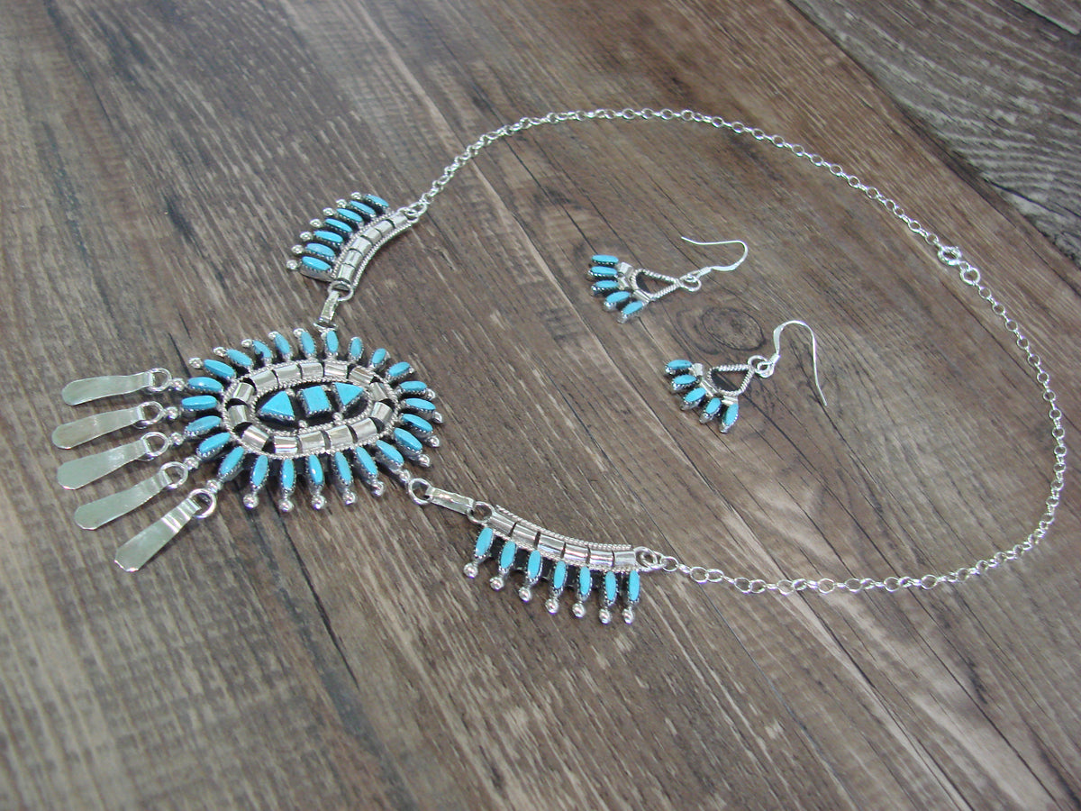 Native American 18" Sterling Silver & Turquoise Cluster Necklace Set by Hustito