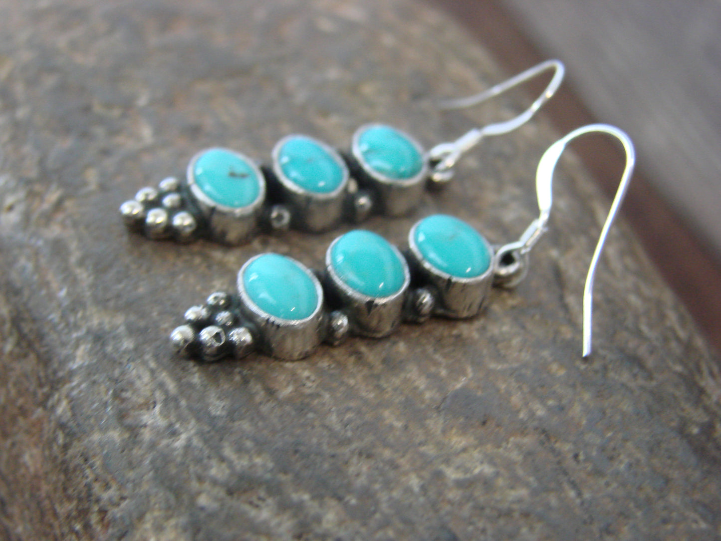 Native American Sterling Silver & Turquoise Row Dangle Earrings by Shorty