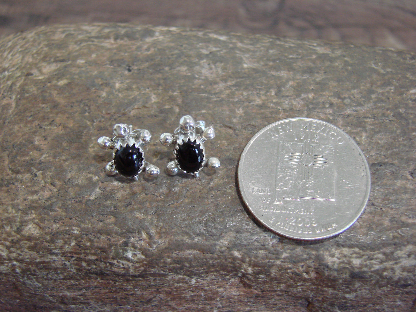 Native American Sterling Silver Onyx Turtle Post Earrings by Kinsel