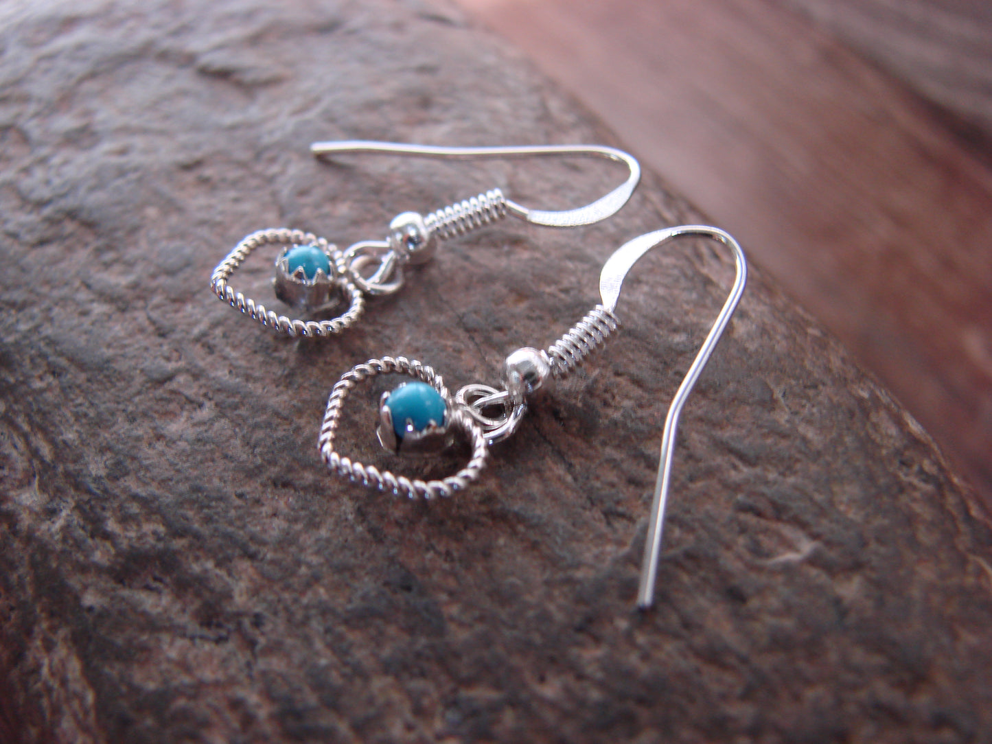 Native American Sterling Silver & Turquoise Heart Dangle Earrings - Pablito