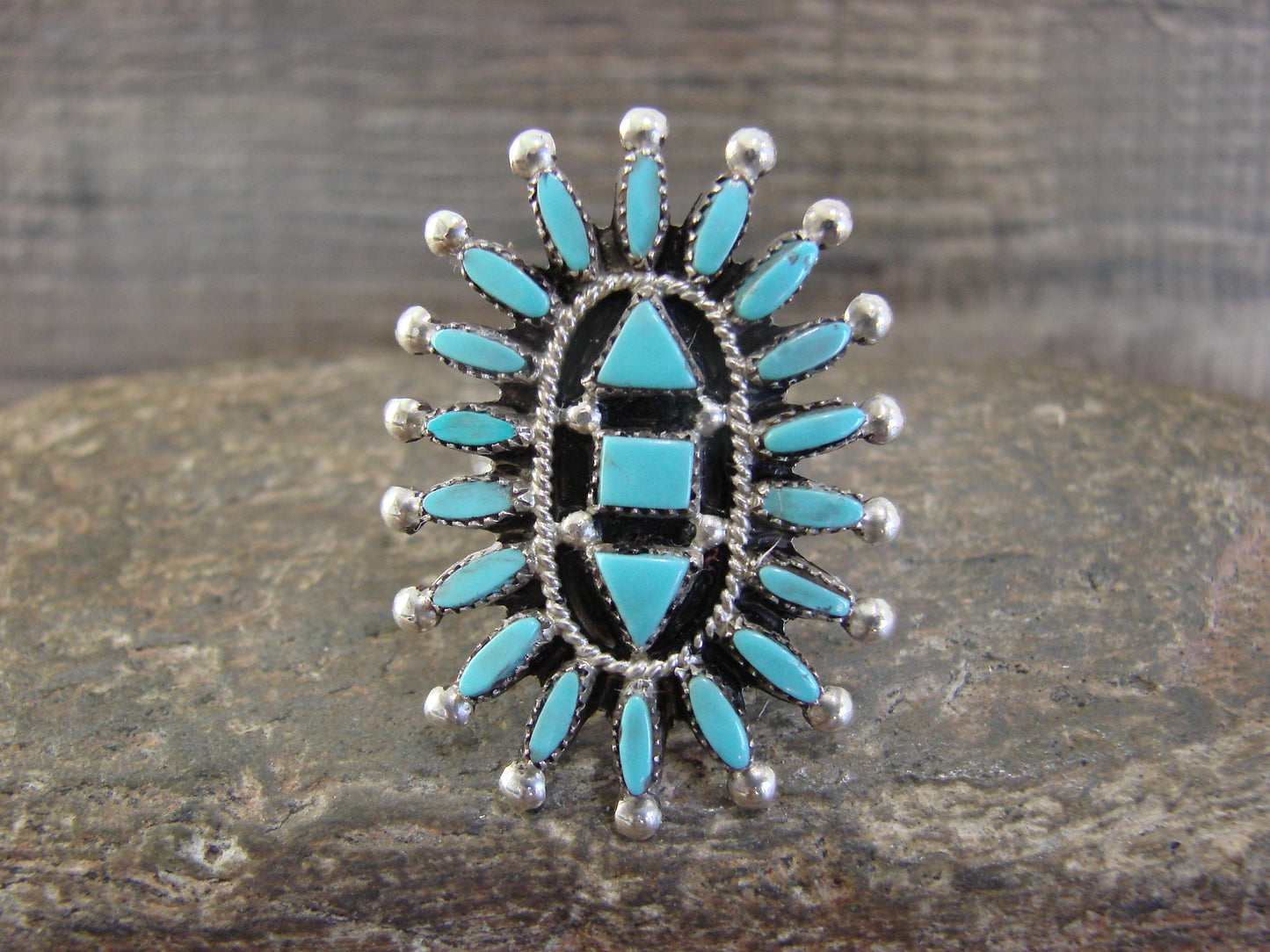 Native American Sterling Silver & Turquoise Cluster Needlepoint Ring - Hustito - Size 7.5