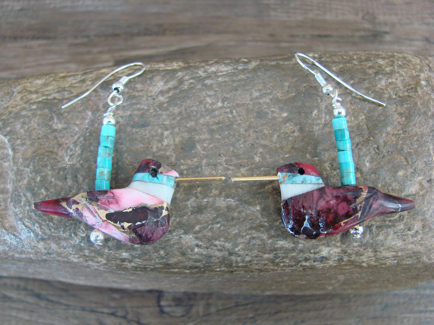 Purple Mohave Turquoise Bronze Aggregate Hummingbird Fetish Earrings - Mitchell