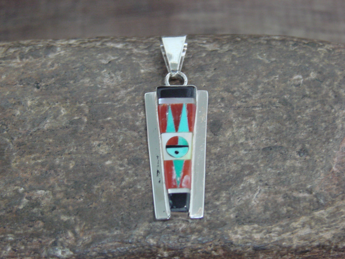 Native American Sterling Silver & Turquoise Inlay Sunface Pendant - Edaakie