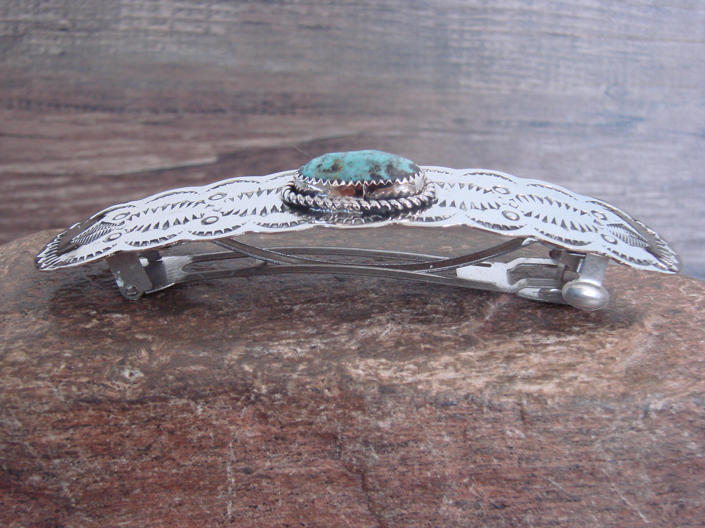 Native American Nickel Silver & Turquoise Hair Barrette by Cleveland